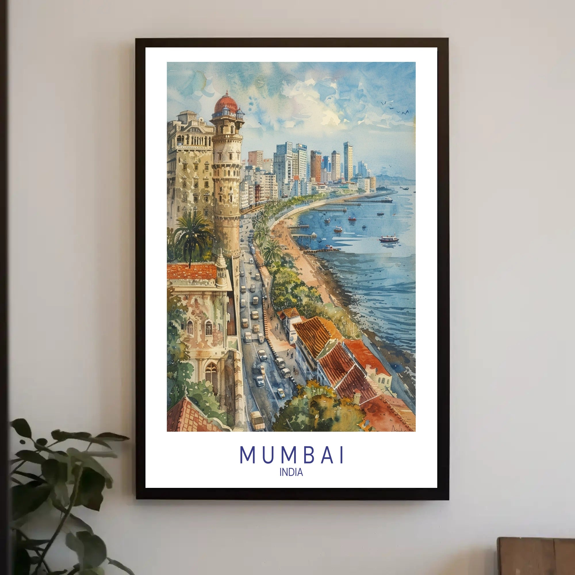 Mumbai Watercolor Coastal View Urban or Cityscape Poster PosterGoat