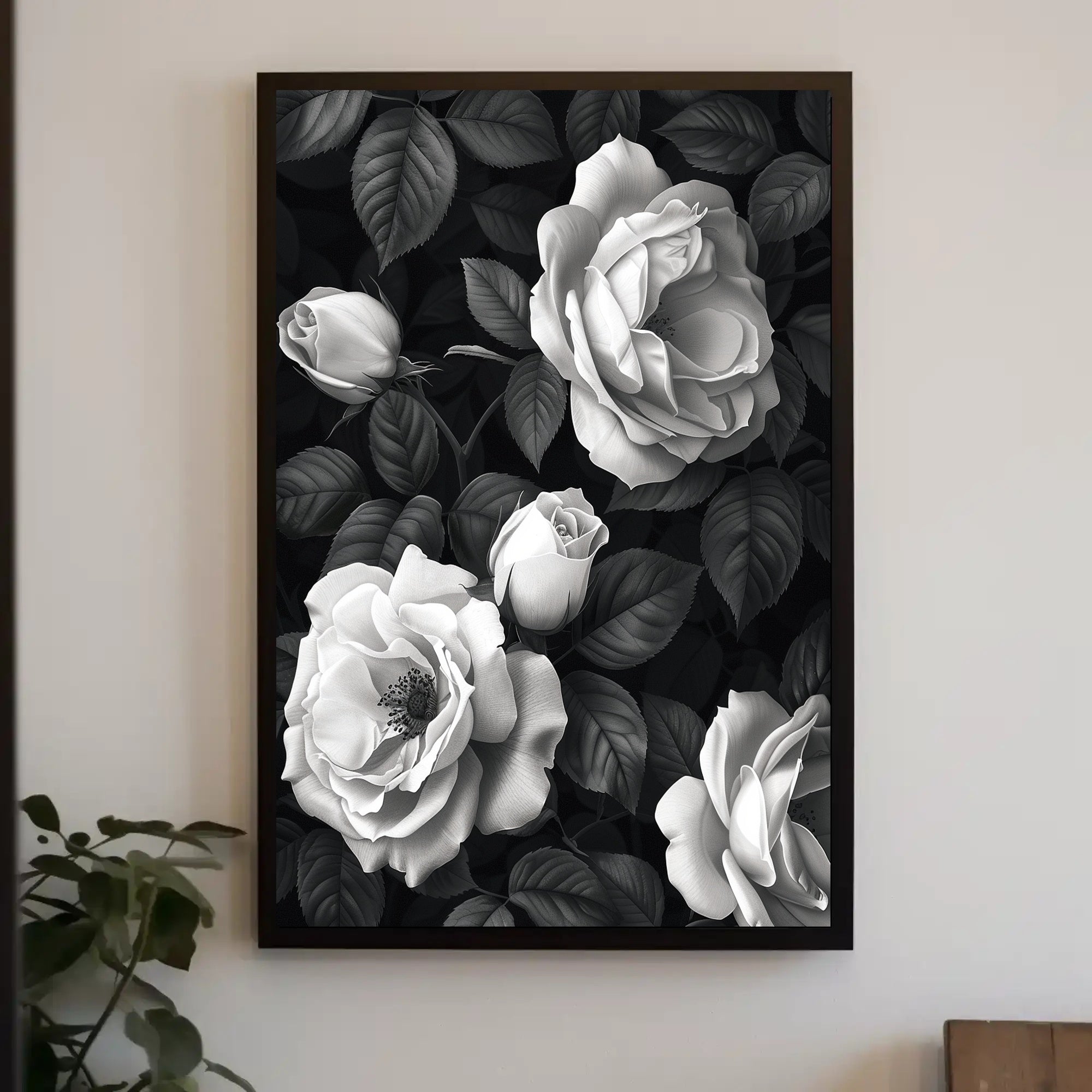Blooming Roses Monochrome Elegance Art Poster PosterGoat