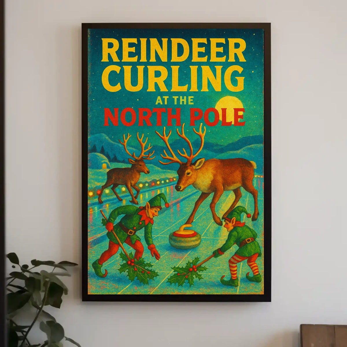 Reindeer Curling at the North Pole Poster