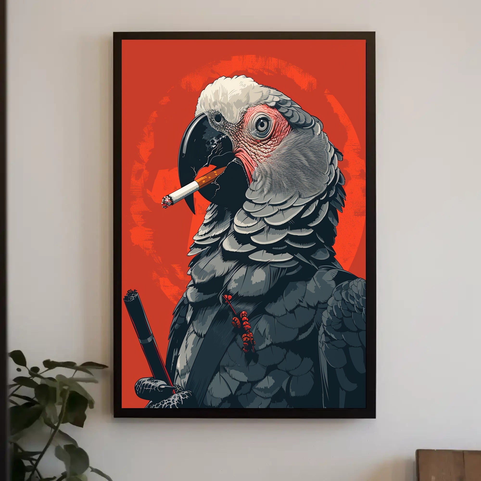 Parrot With Cigarettes: Bold Graphic Animal Poster PosterGoat