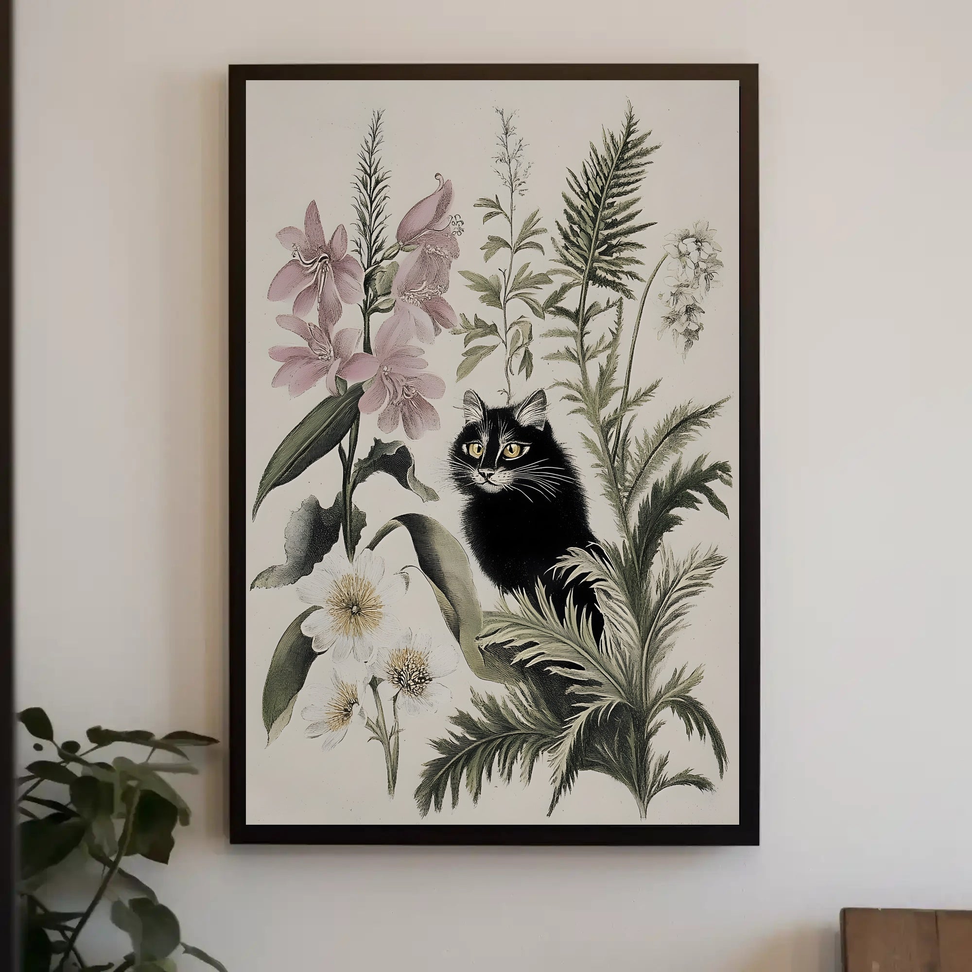 Black Cat with Wildflowers: Animal Poster PosterGoat