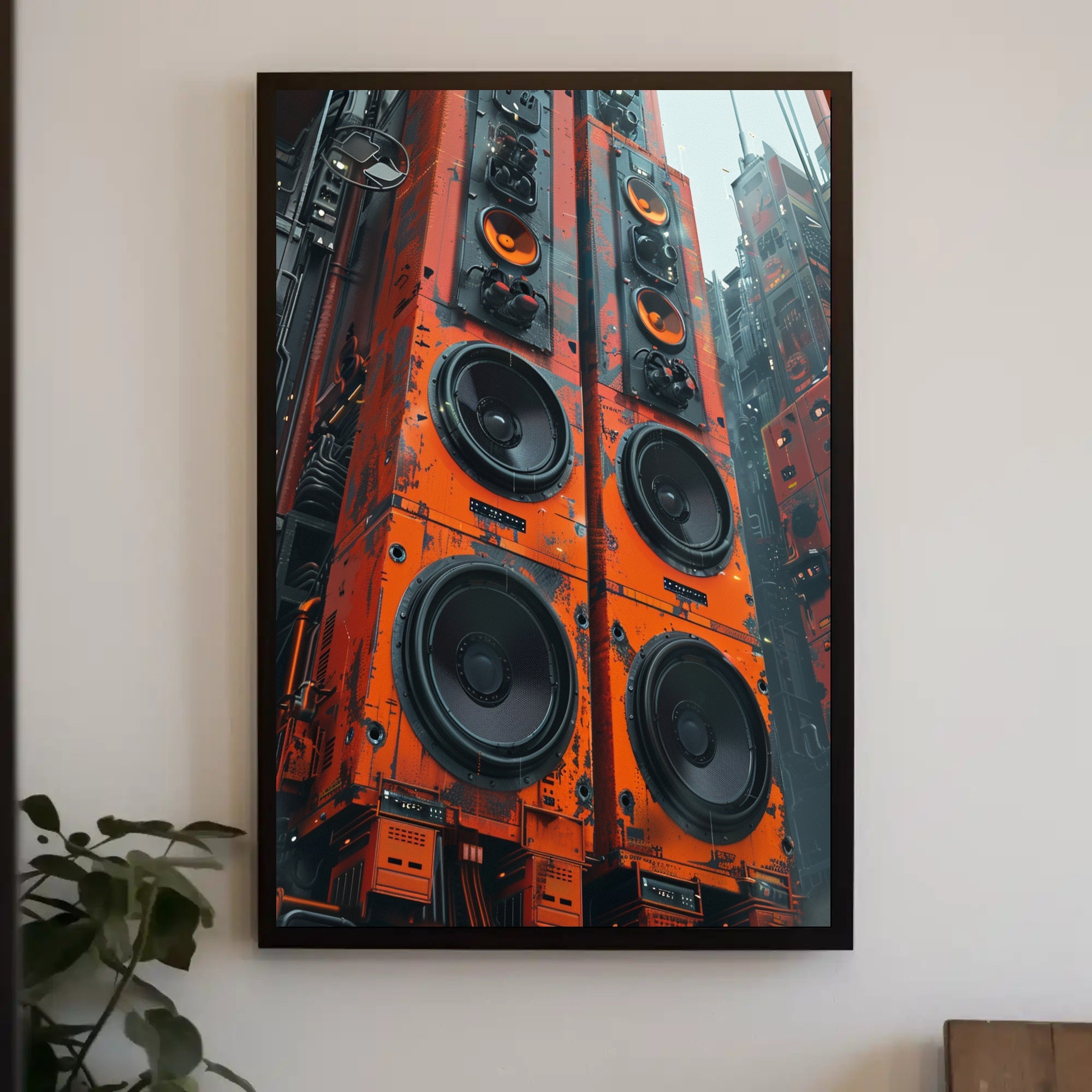 Futuristic Cyberpunk Speaker Towers Art Poster PosterGoat