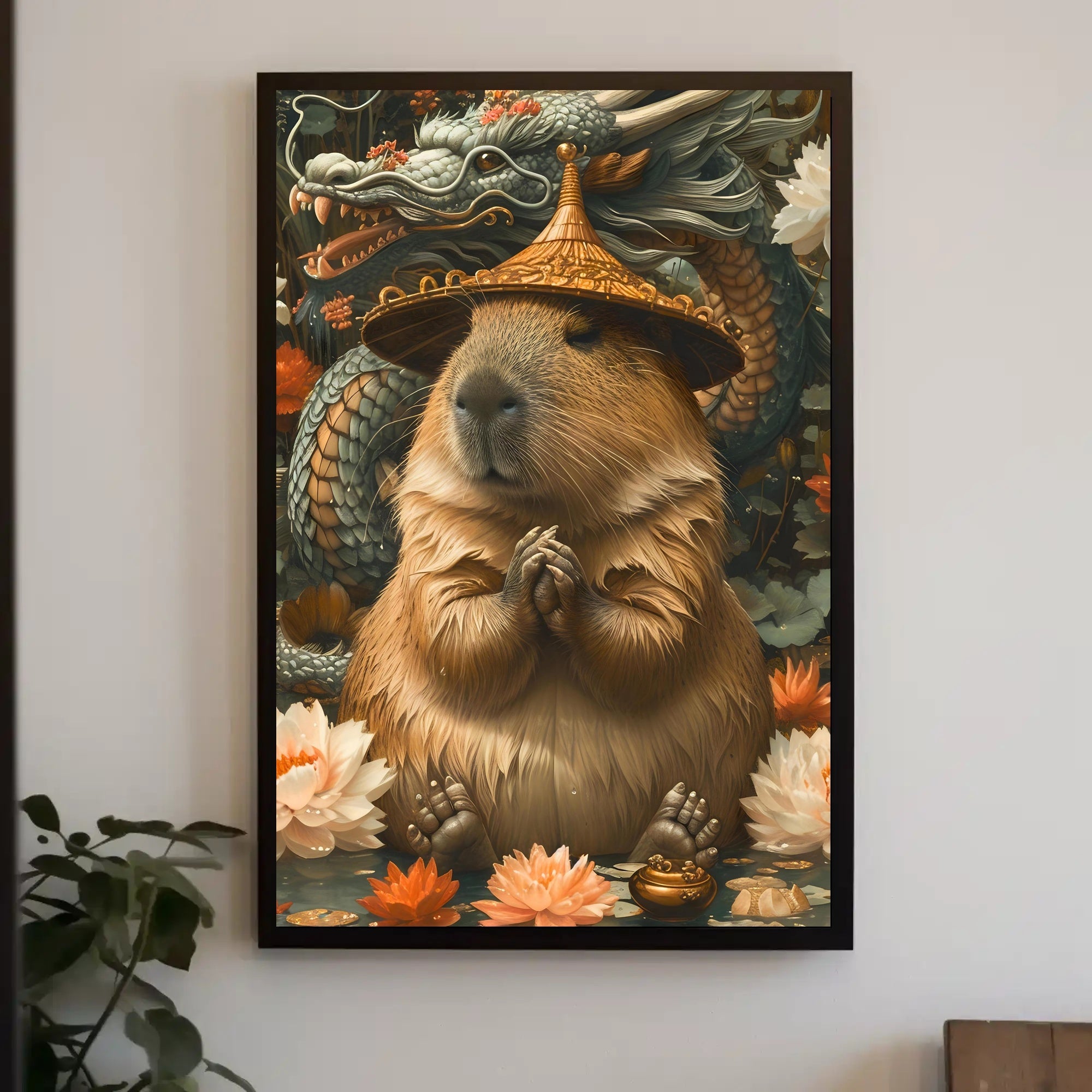 Meditative Capybara with Dragon Poster Art