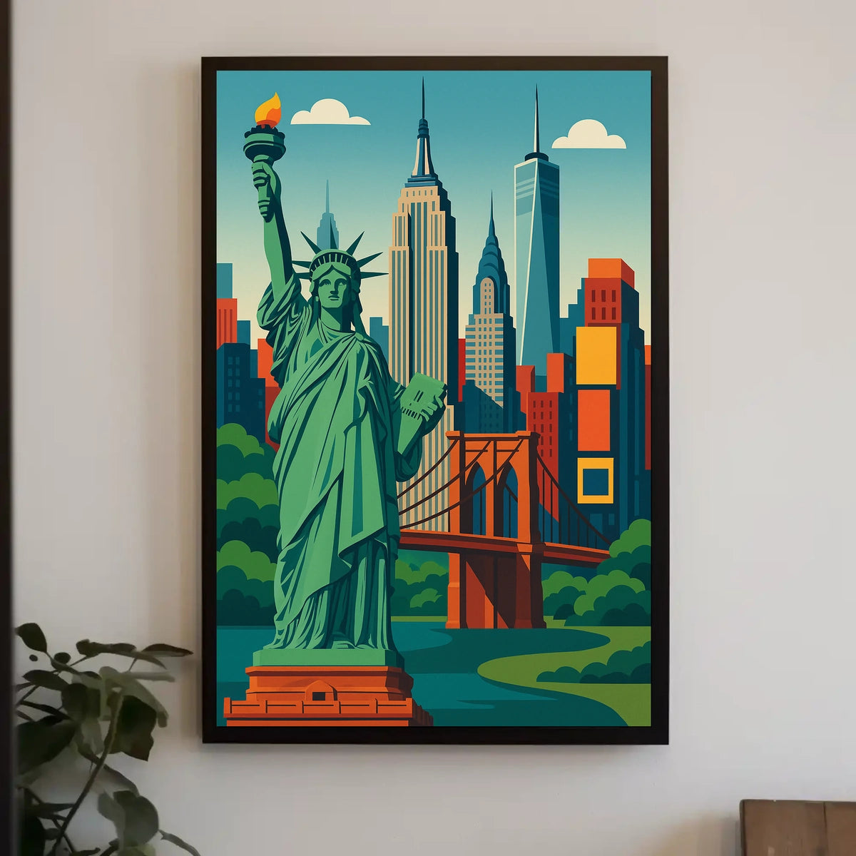 New York City Skyline Liberty Poster Retro Wall Art