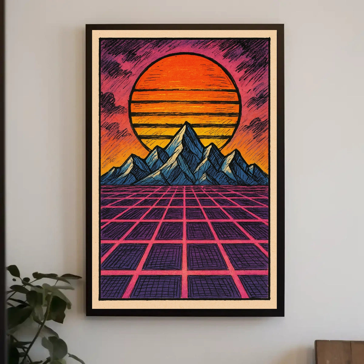 Retro-Futuristic Sunset over Mountains: Futuristic Sci-Fi Poster