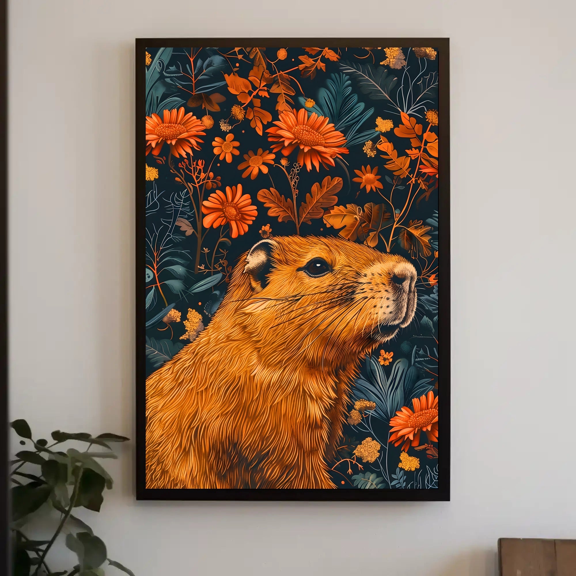 Nature-Inspired Groundhog and Floral Illustration Animal Poster