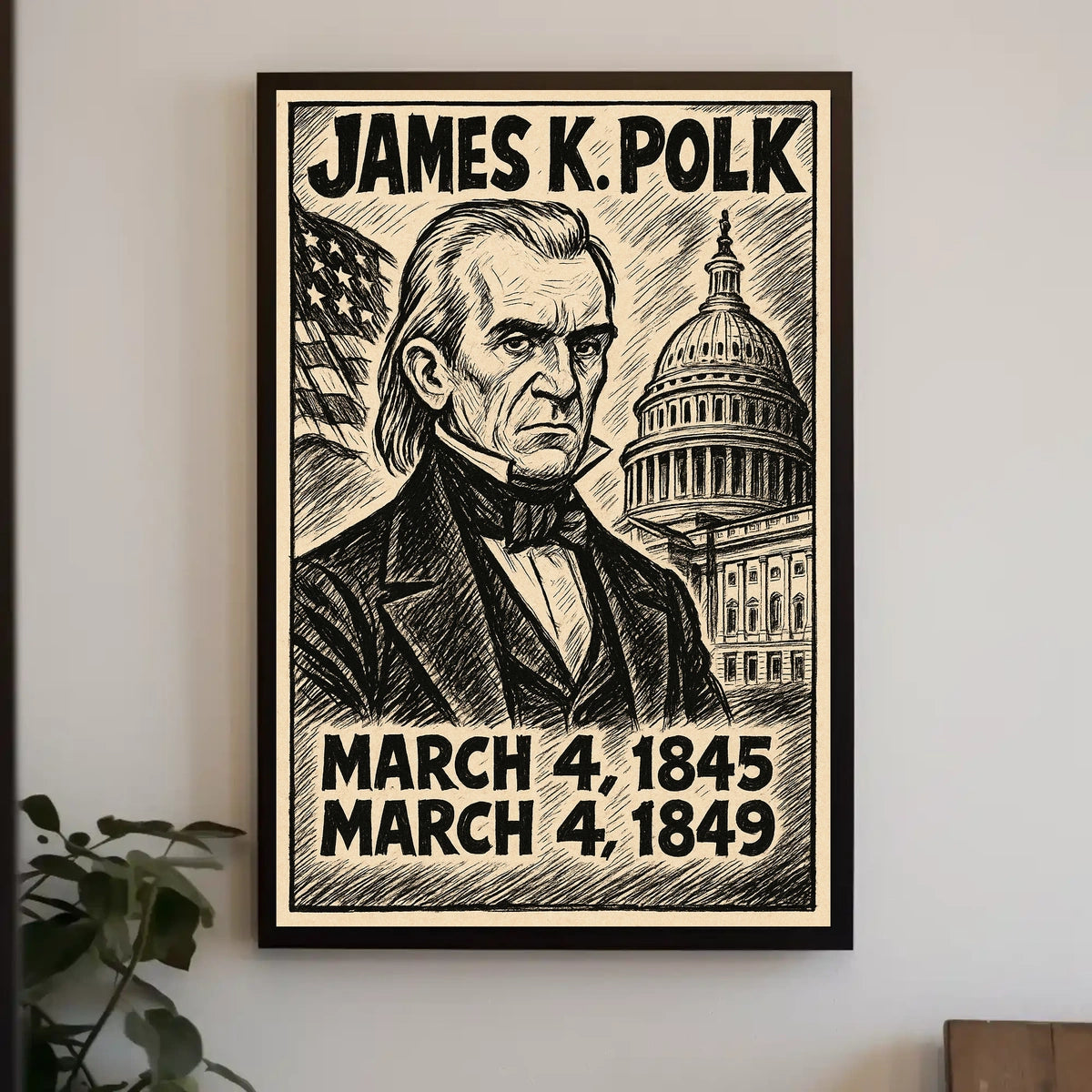 James K. Polk 11th President of the United States B & W Comic Sketch Poster
