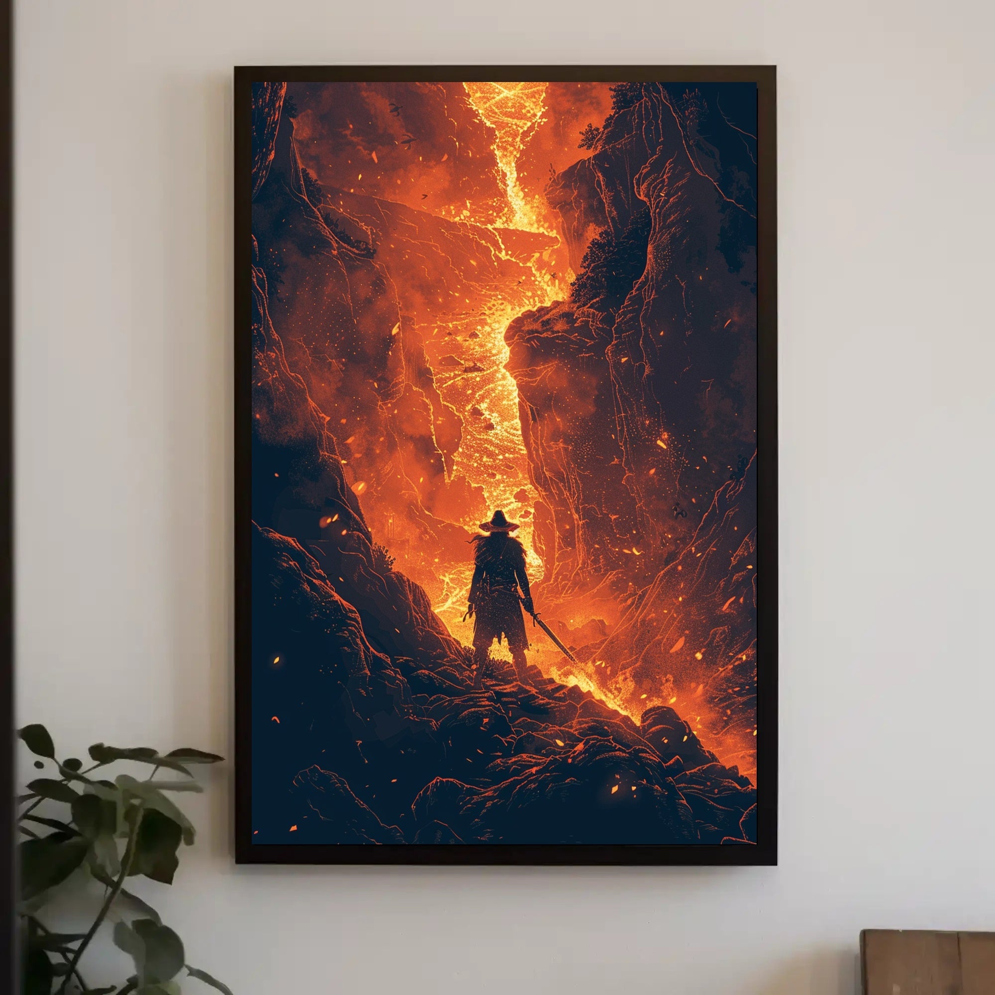 Epic Warrior Stands in Fiery Fantasy Landscape Poster PosterGoat