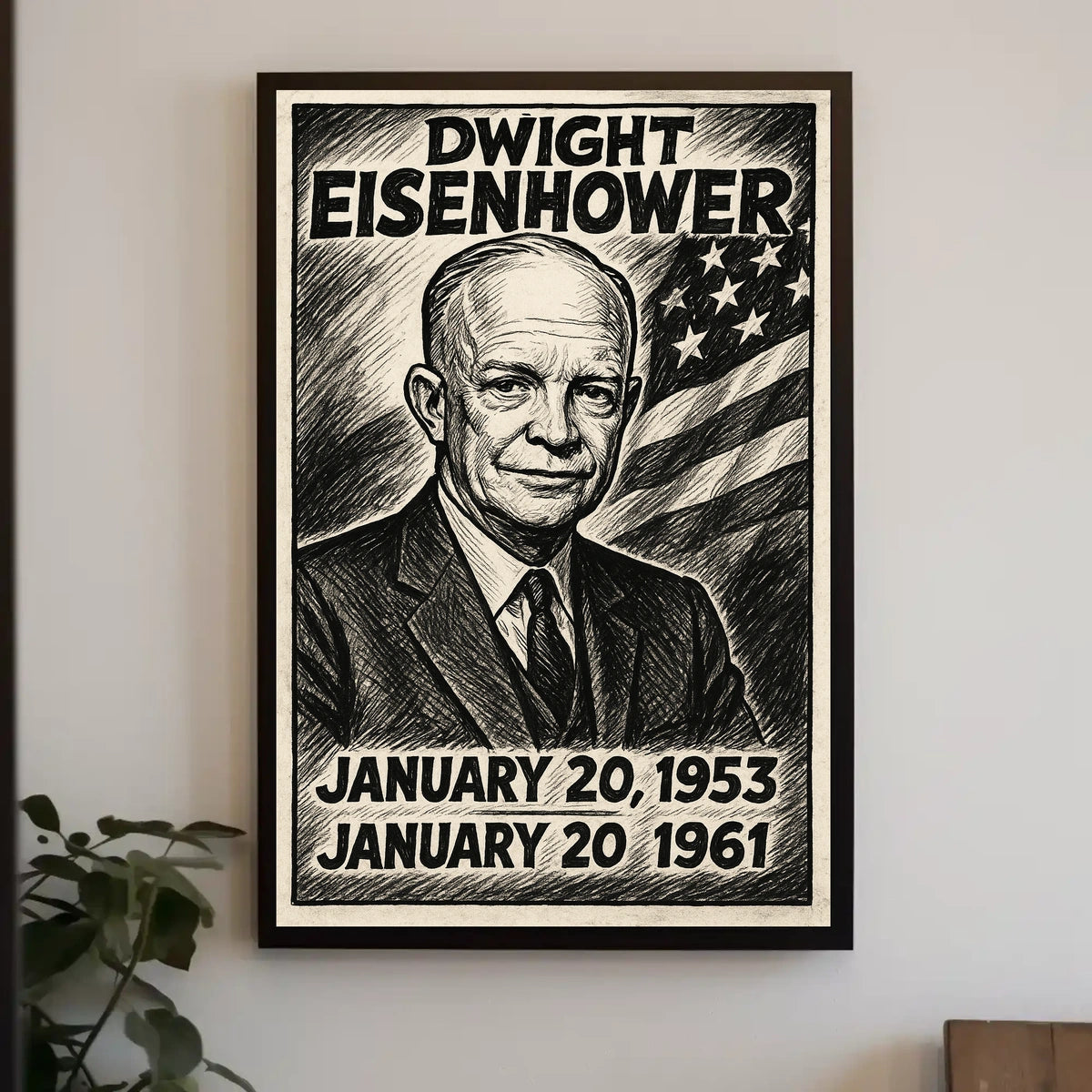 Dwight D. Eisenhower 34th President of the United States B & W Comic Sketch Poster