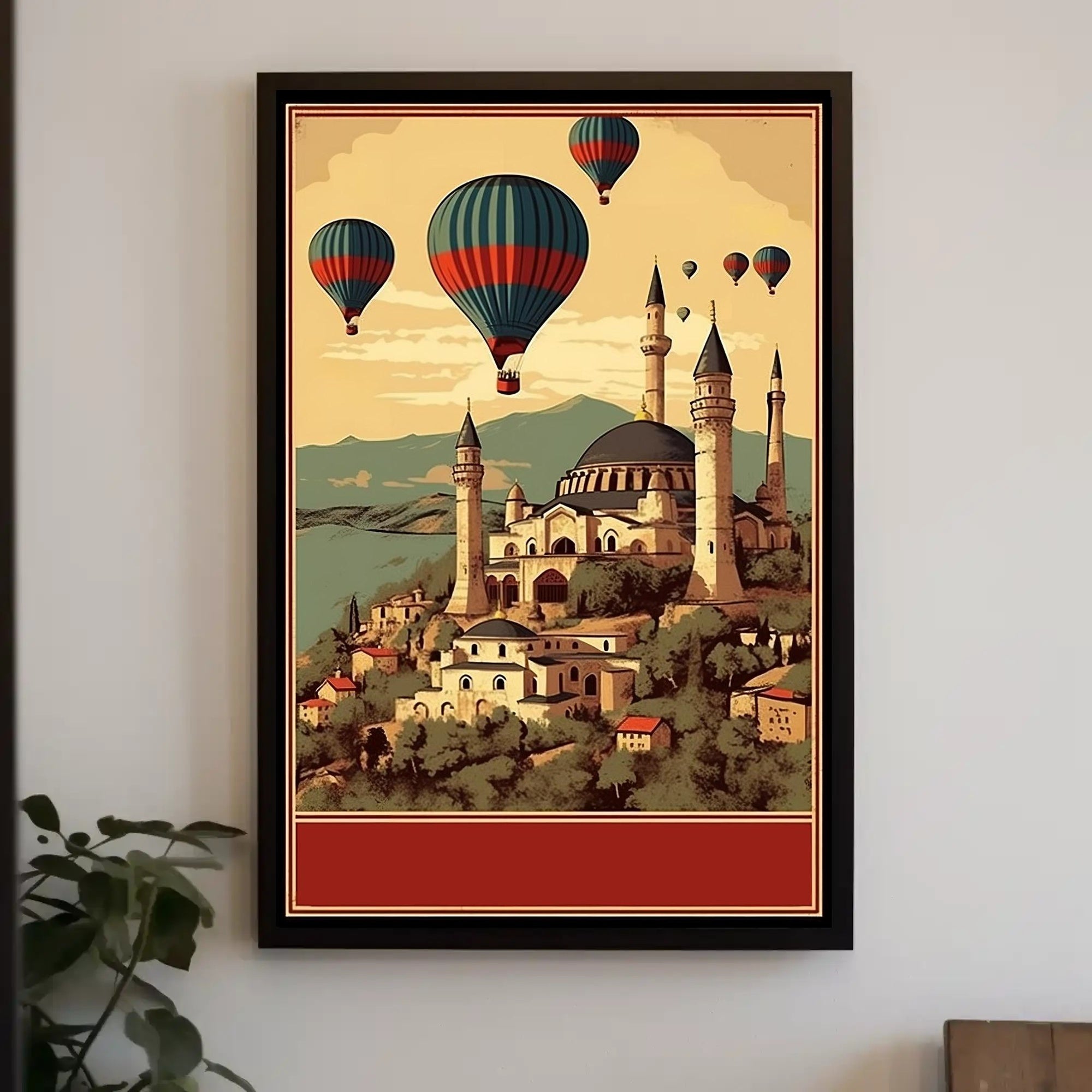 Hot Air Balloons Over Ancient Architecture Poster