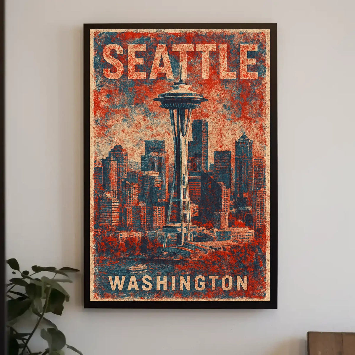 Seattle Space Needle Retro Urban Cityscape Travel Poster