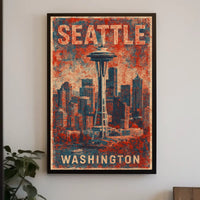 Seattle Space Needle Retro Urban Cityscape Travel Poster