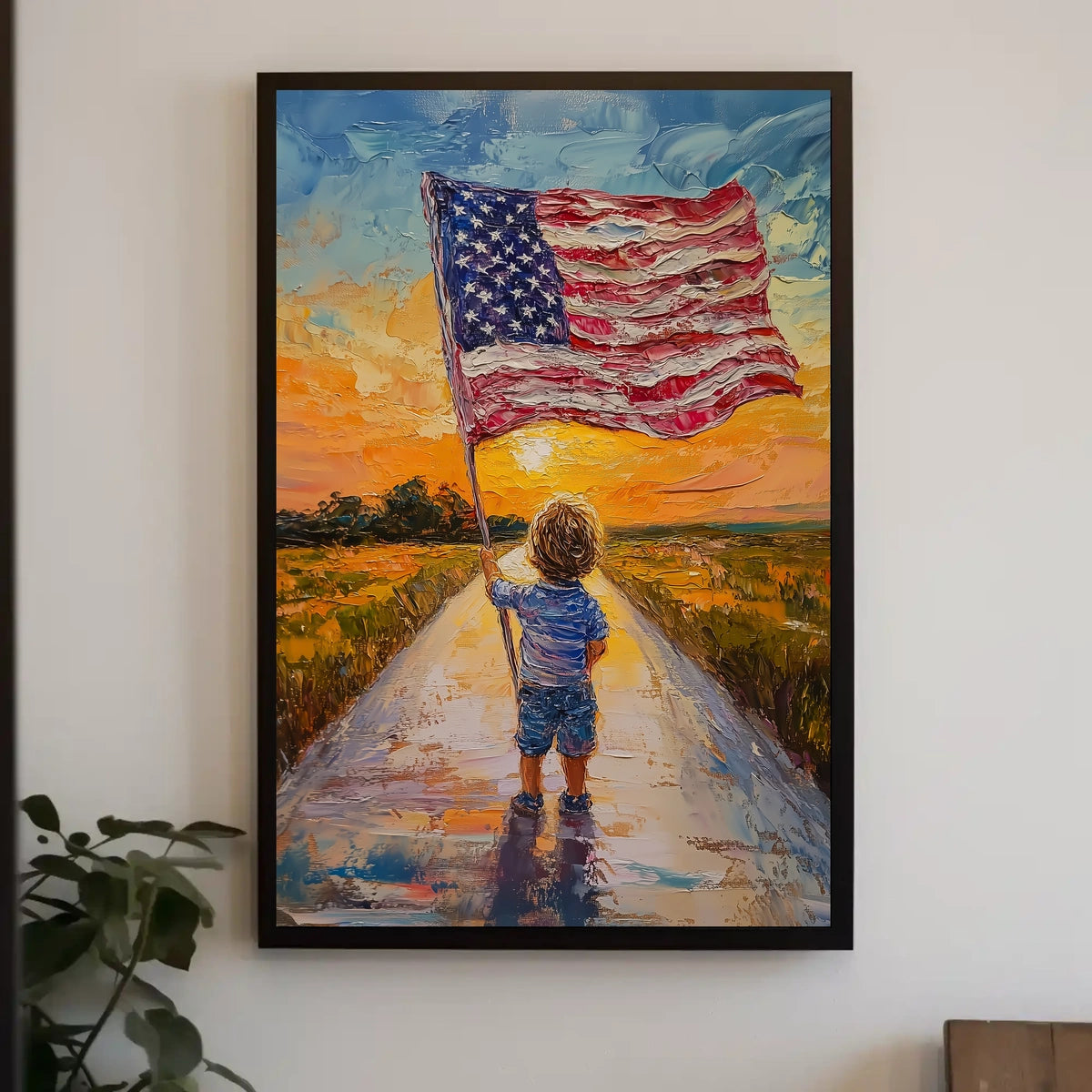 Child Holding American Flag On Sunset Dirt Road Poster