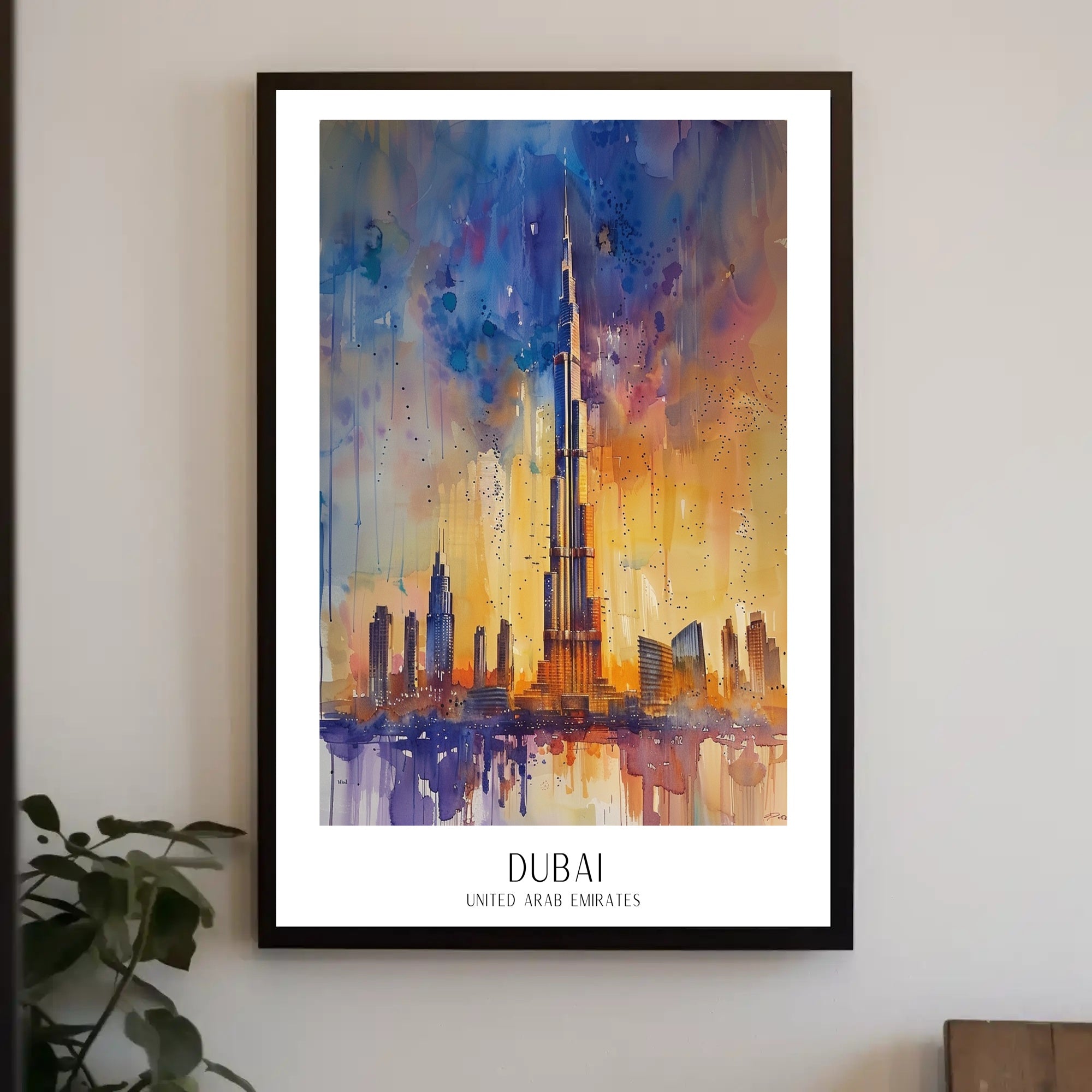 Dubai Skyline Modern Abstract Watercolor Urban or Cityscape Poster PosterGoat