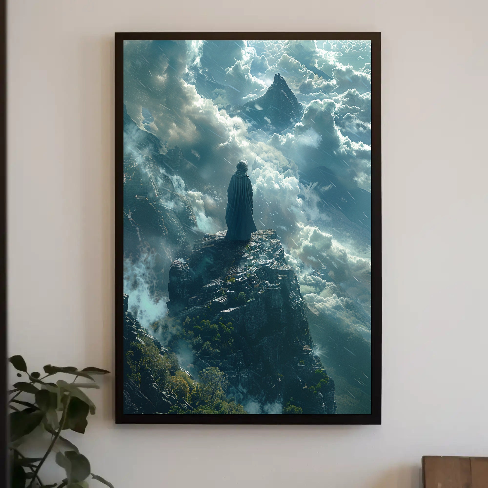 Ethereal Figure Amidst Mystical Peaks Fantasy or Mythology Poster PosterGoat