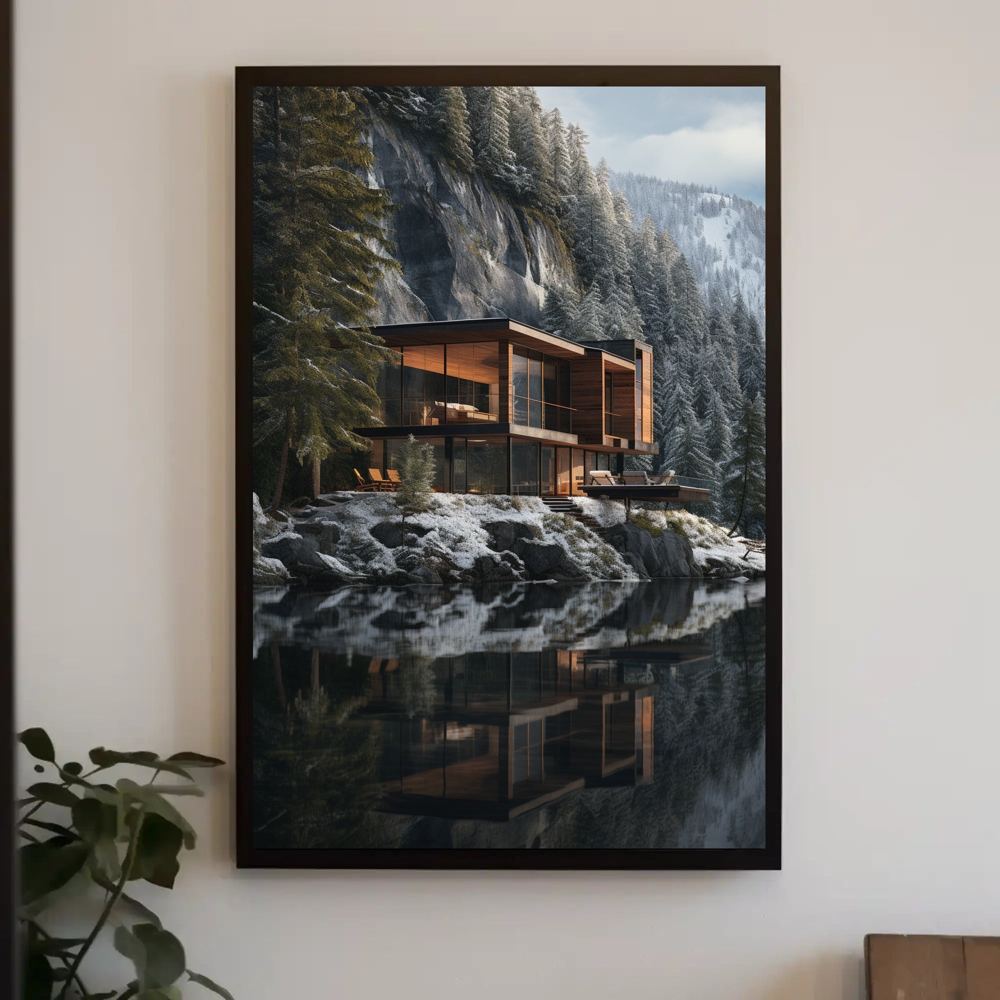 Modern Architectural House in Tranquil Winter Forest Artistic Poster