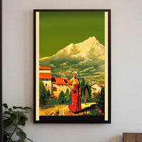 Serene Mountain Village with Traditional Attire Poster