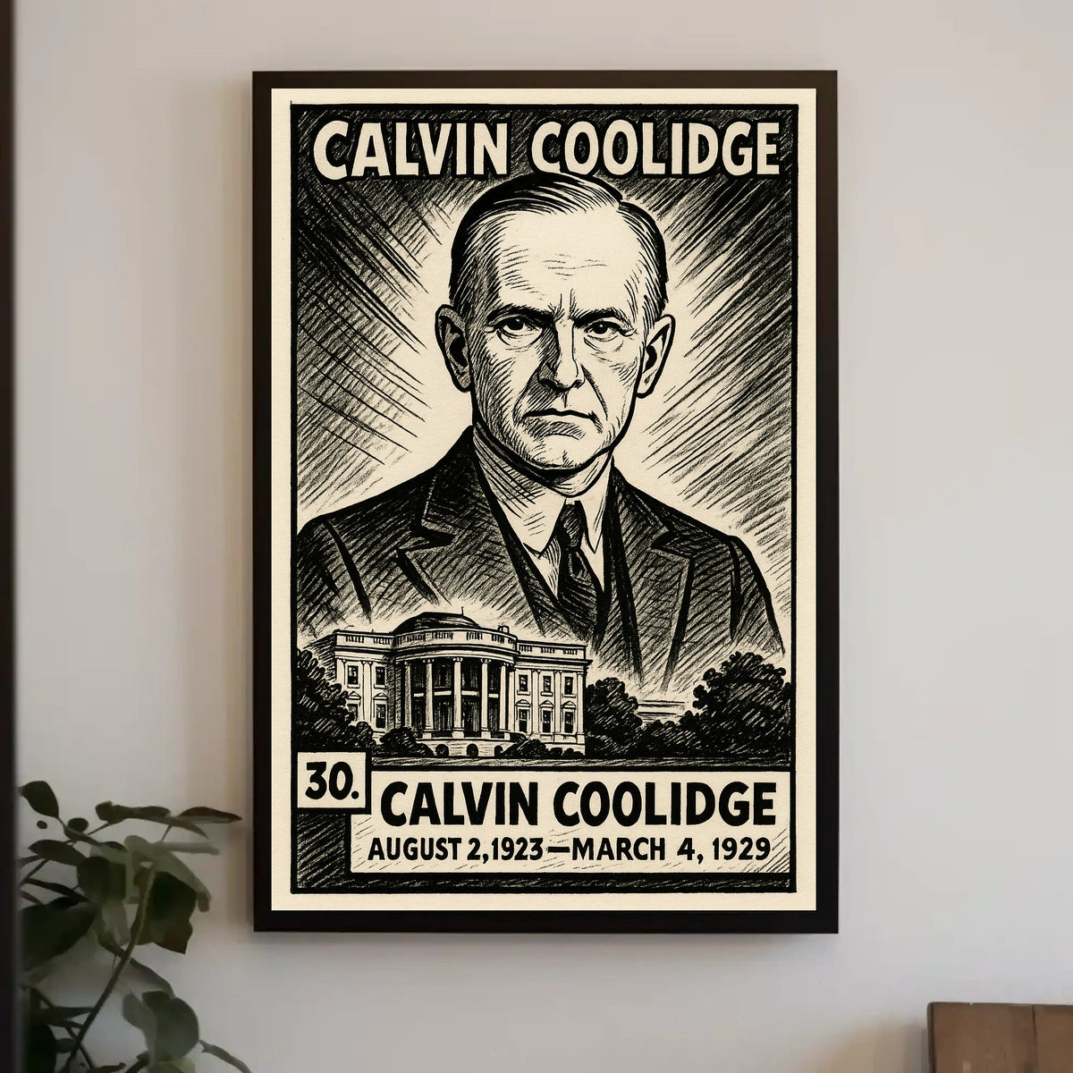 Calvin Coolidge 30th President of the United States B & W Comic Sketch Poster