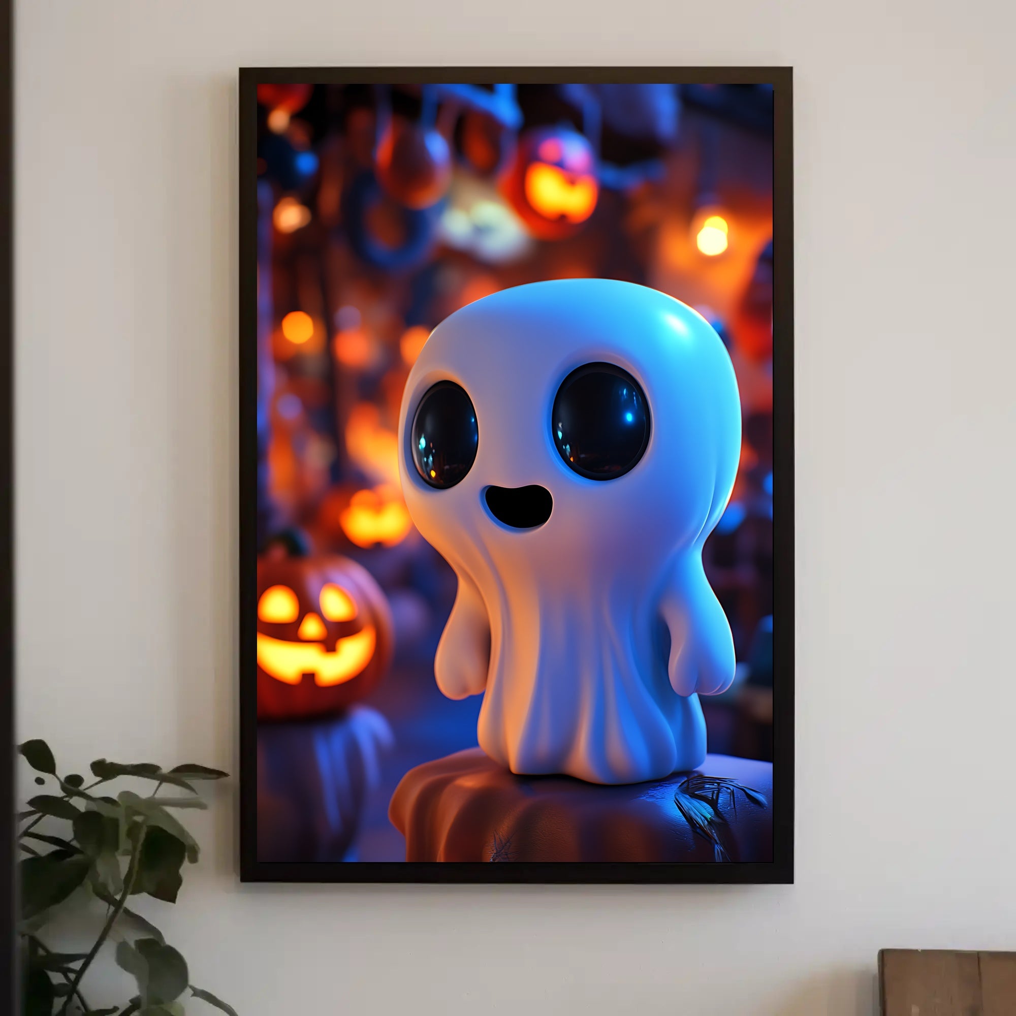 Cute Ghost with Pumpkins: Vibrant Halloween Pop Culture Poster