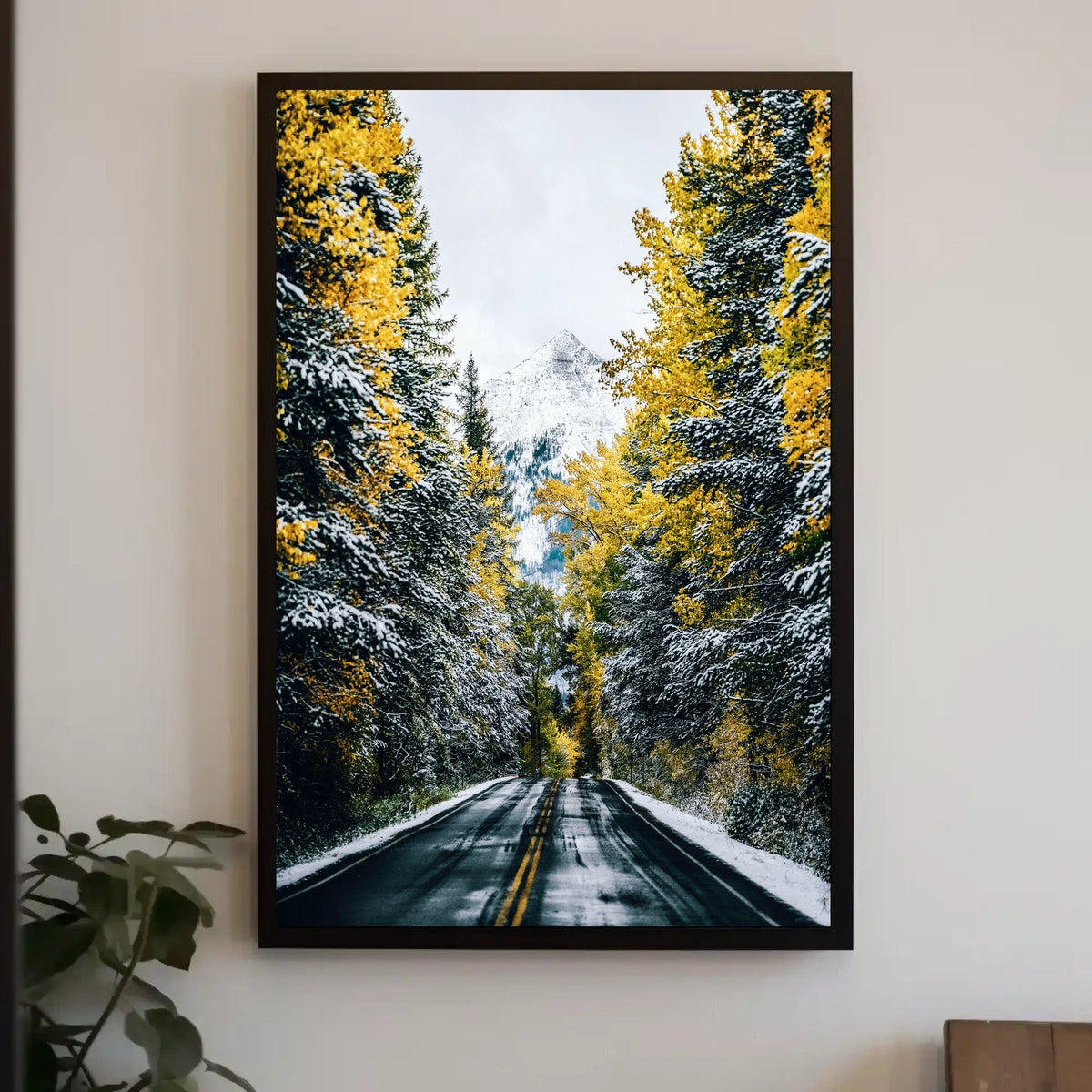 Autumnal Forest Road with Snow-Capped Mountain Poster