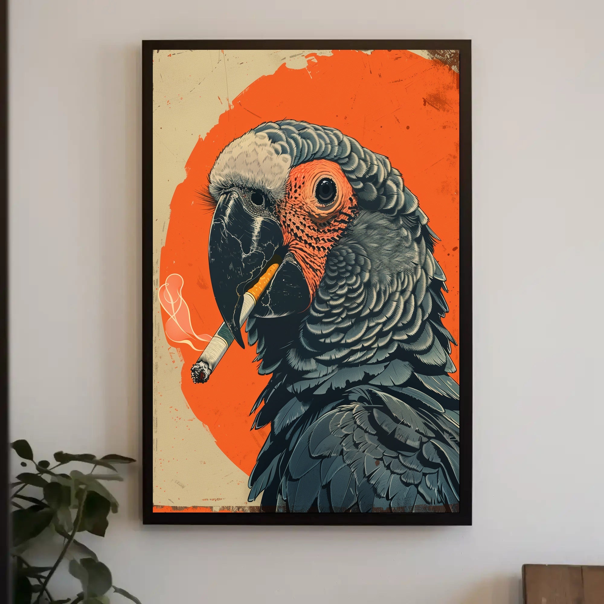 Parrot with Cigarette Artistic Animal Poster PosterGoat