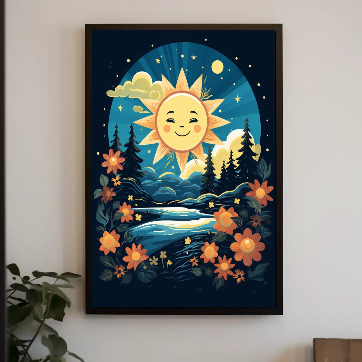 Radiant Dawn Impressionism Digital Painting Morning Light Silhouetted Trees Flowers Starry Sky Joyful Poster