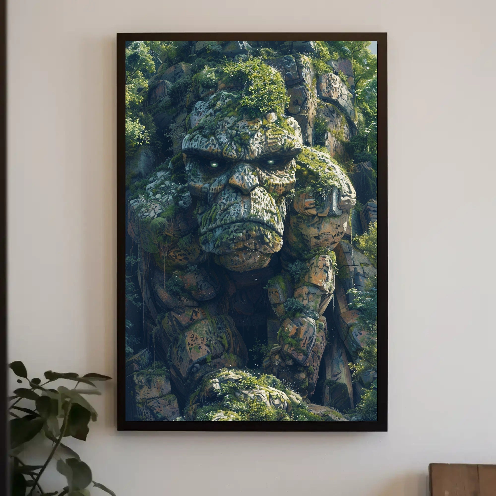 Ancient Stone Face in Mystical Forest Fantasy Poster