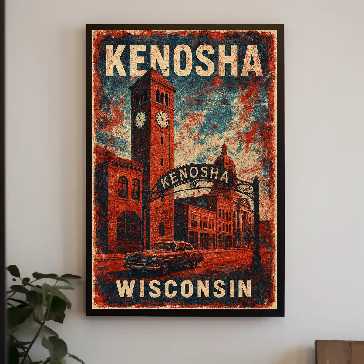 Vintage Kenosha Clock Tower Art Deco Cityscape Poster