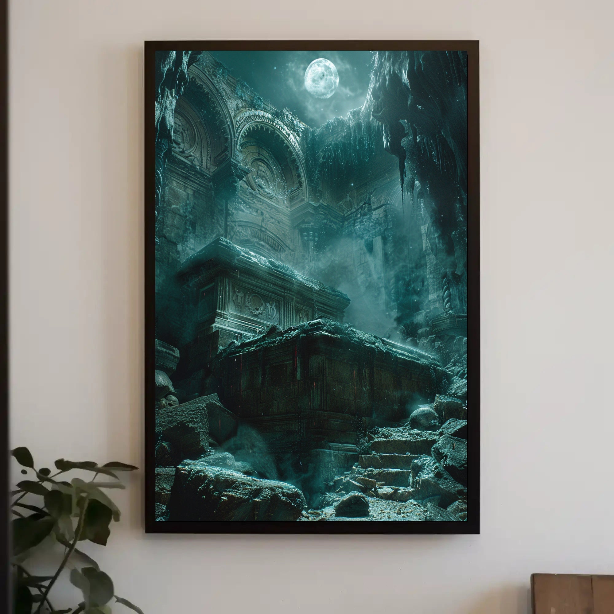 Mystical Temple Under Moonlit Sky Poster Art PosterGoat