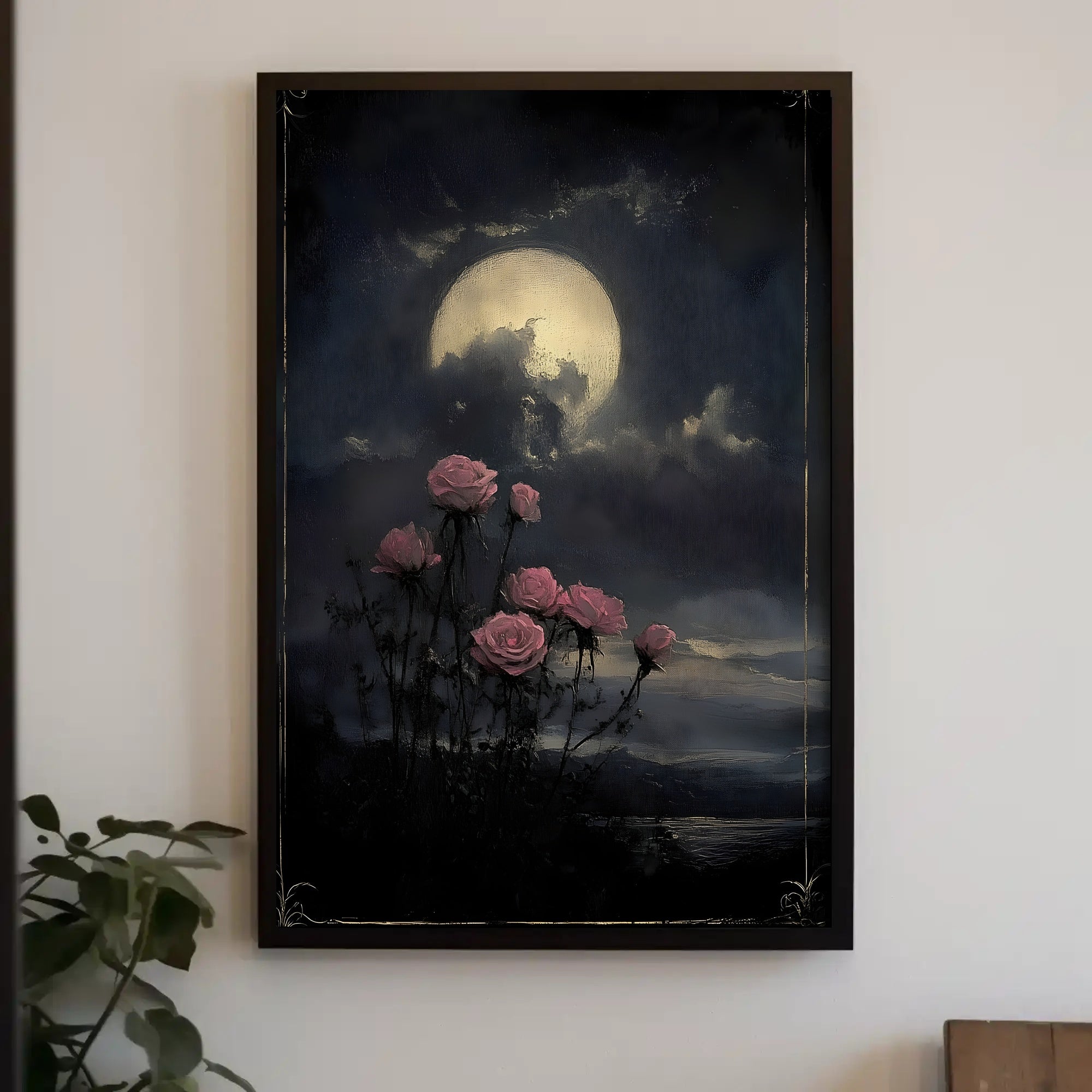 Moonlit Roses Under Night Sky: Space or Astronomy Poster PosterGoat