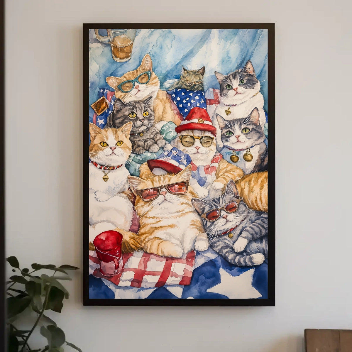 Patriotic Cats Gather On American Flag Picnic Blanket Poster
