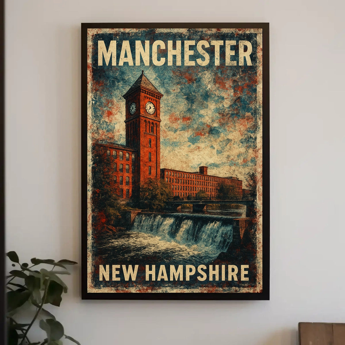 Manchester NH Scenic Vintage Travel Map Poster