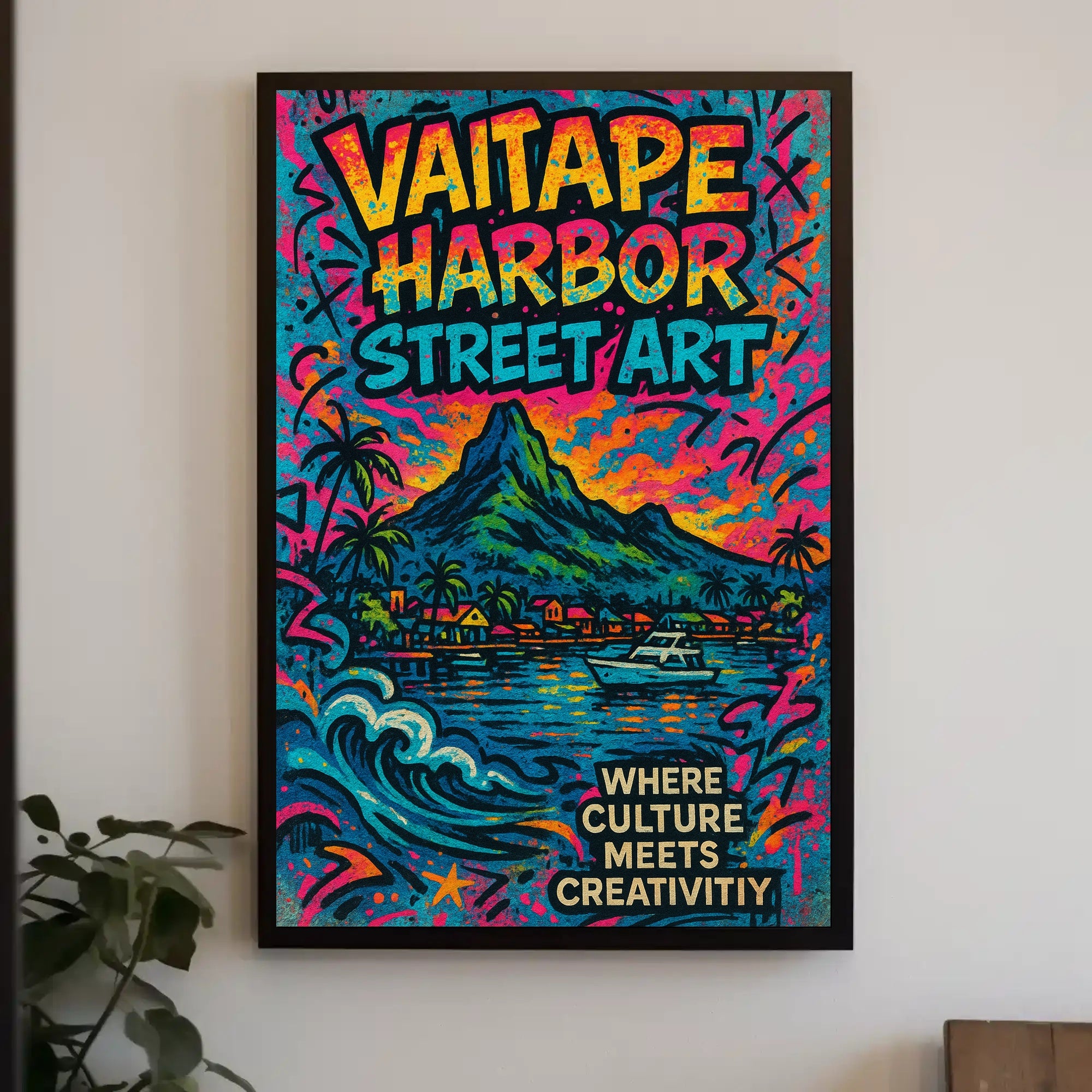 Vaitape Harbor Street Art Poster Vibrant Travel Print