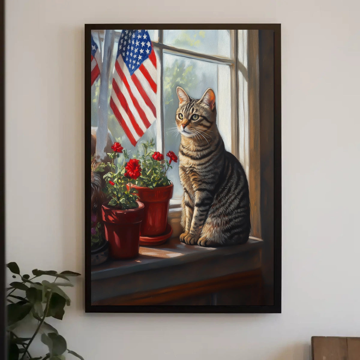 tabby cat sitting in a windowsill Poster