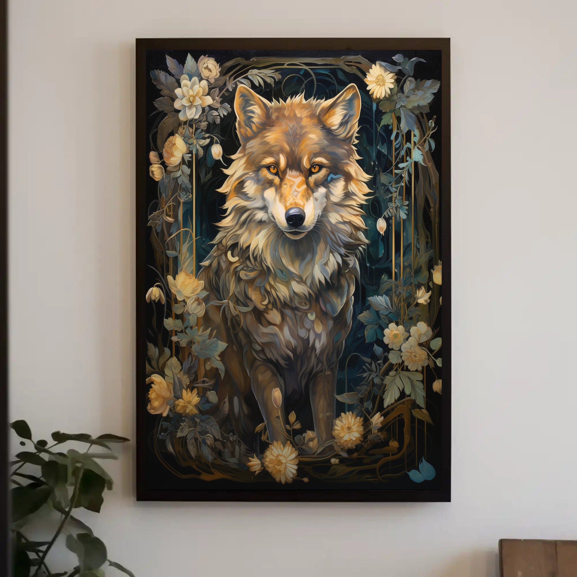 Majestic Wolf with Flowers Art Nouveau Animal Poster