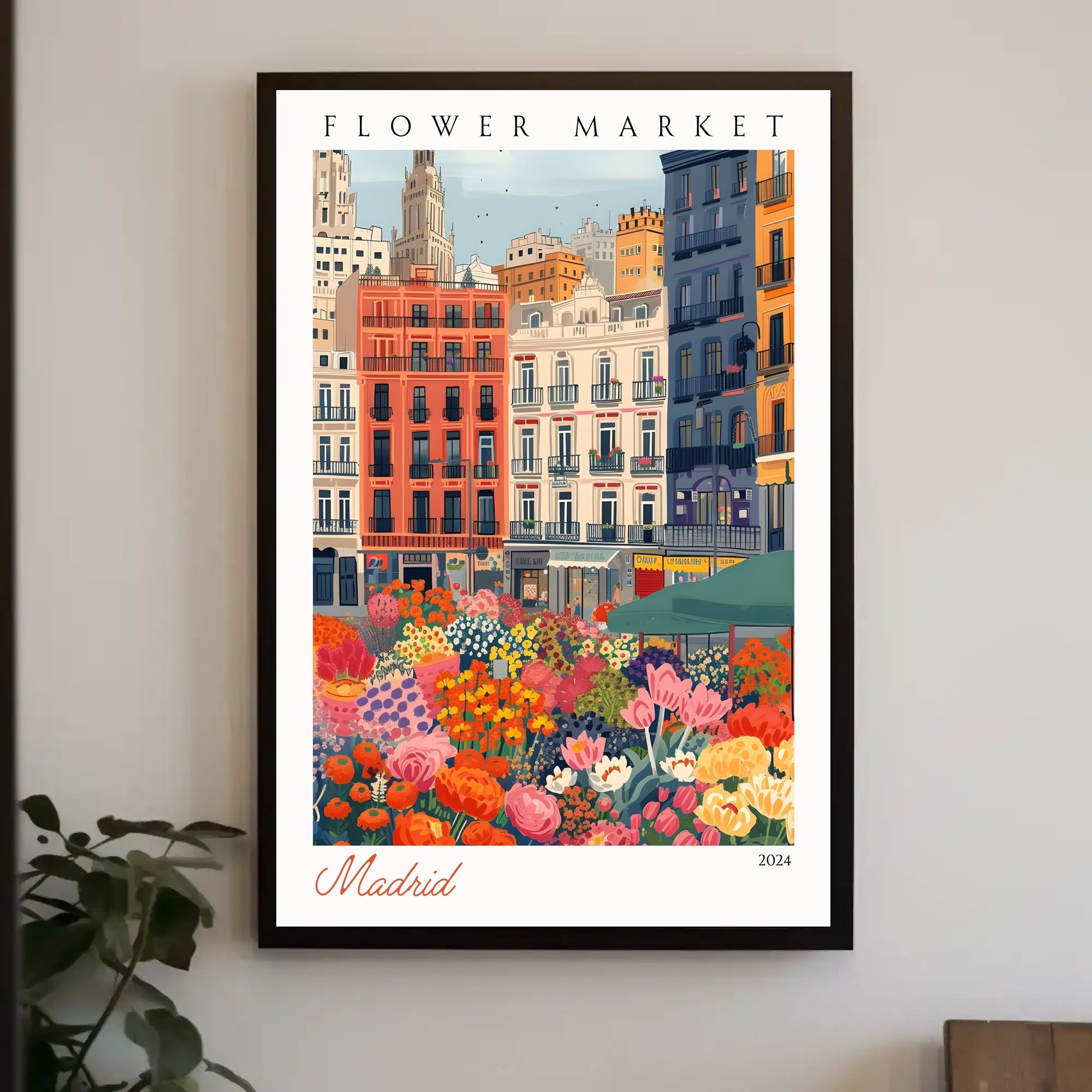 Vibrant Flower Market in Madrid Poster PosterGoat