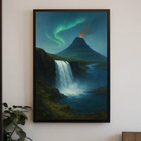 Icelandic Waterfall Under Aurora Borealis National Park Poster