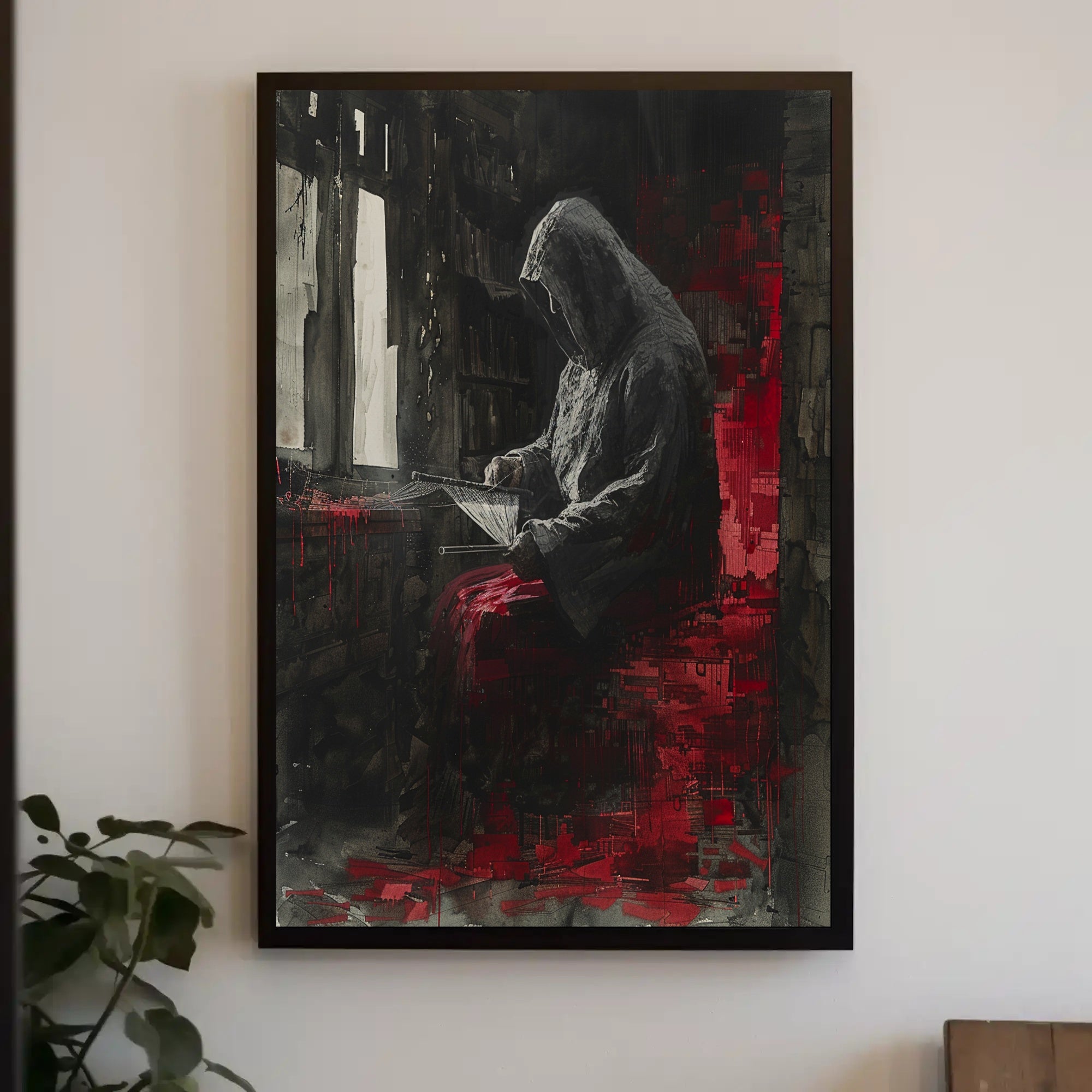 Hooded Figure in Gothic Library Fantasy or Mythology Poster PosterGoat