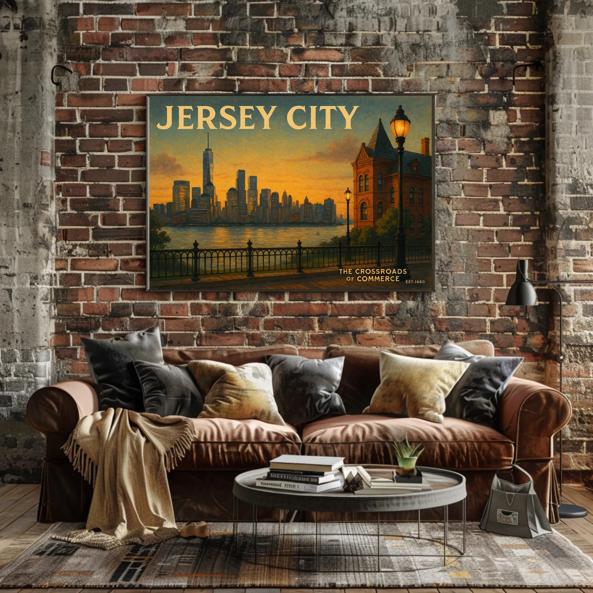 Jersey City Skyline Sunset Travel Poster
