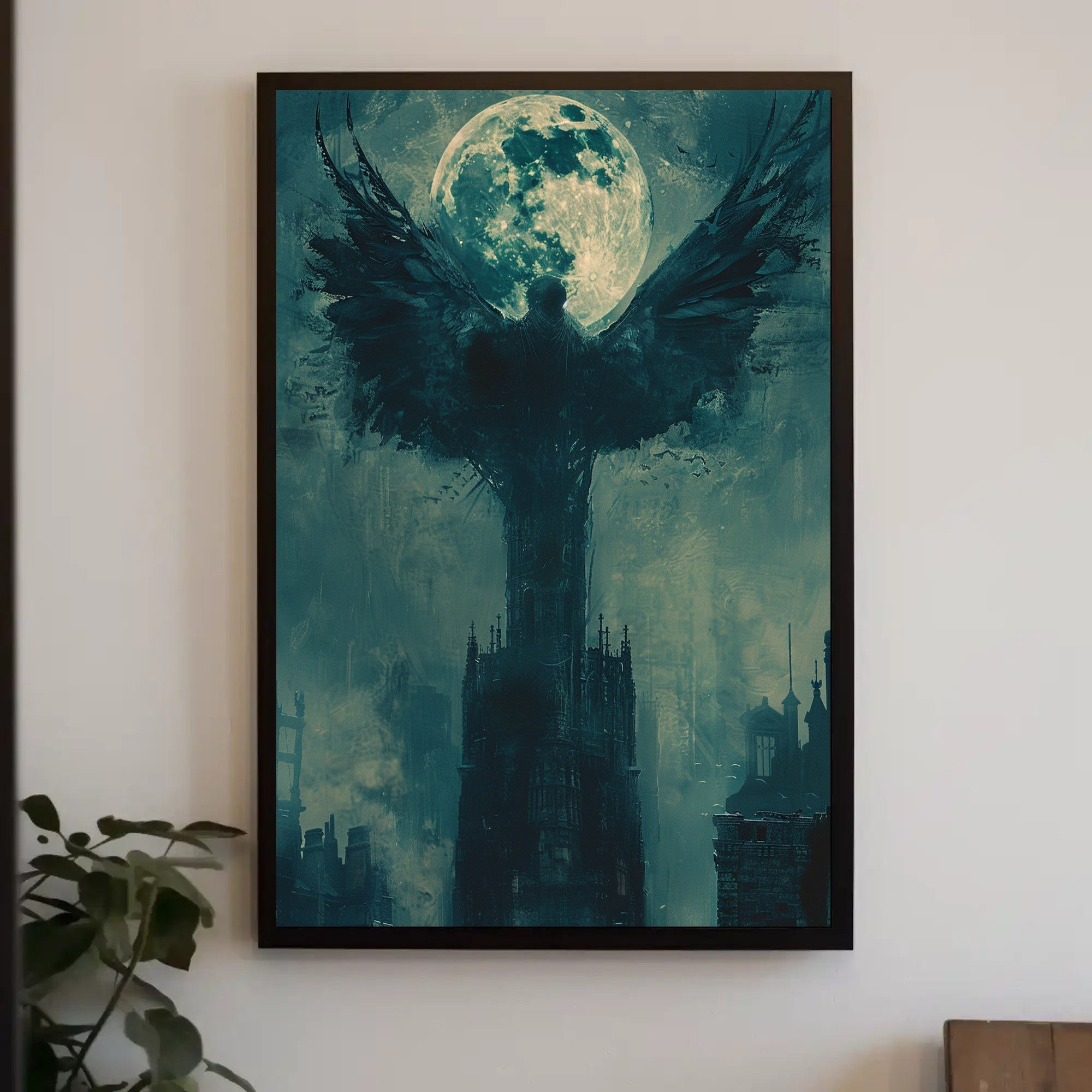 Haunting Moonlit Cityscape with Gothic Wings Fantasy Poster PosterGoat