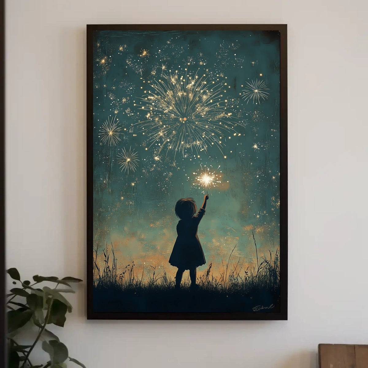Child Holding Sparkler Night Sky Fireworks Art Poster