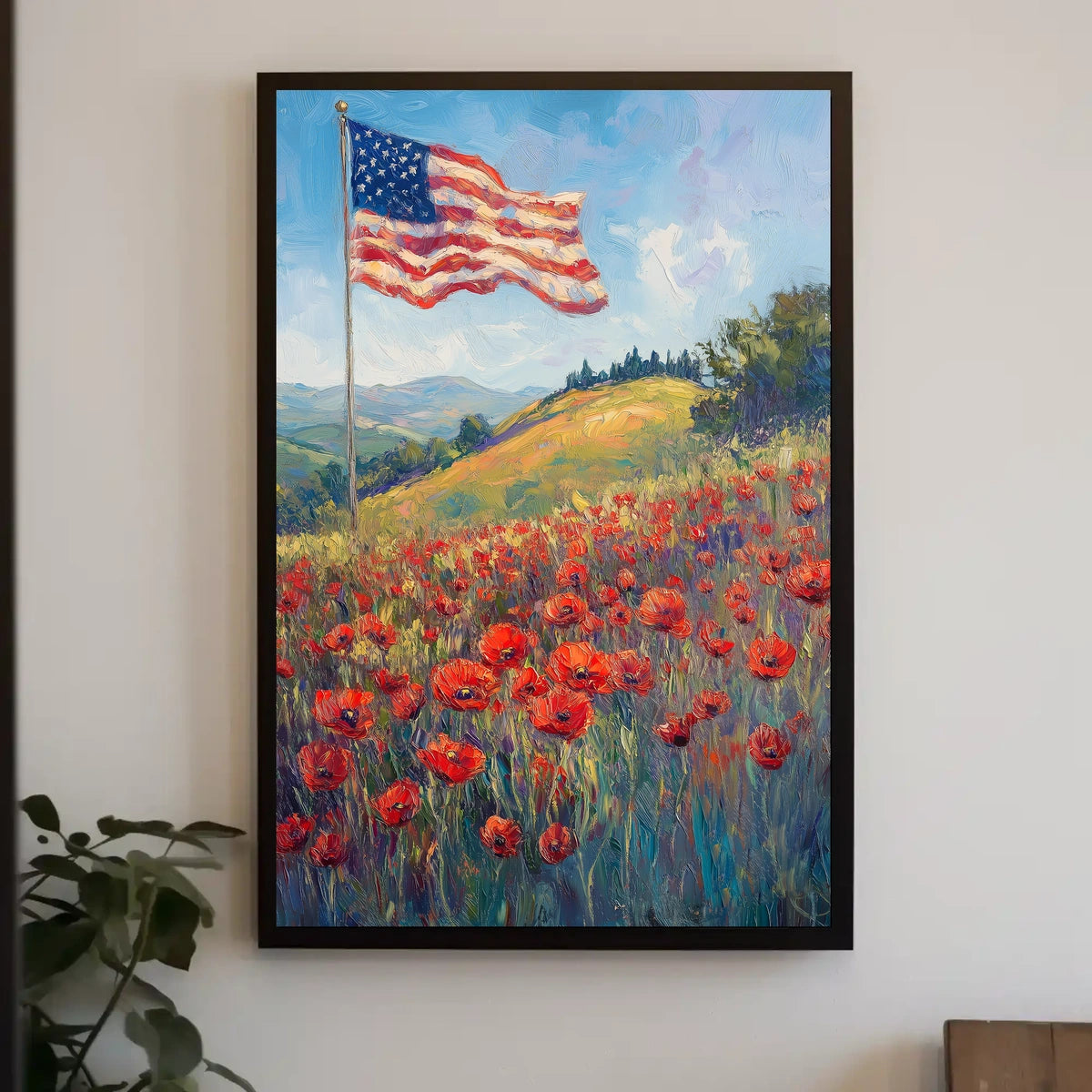 peaceful field of poppies with one large American flag Poster