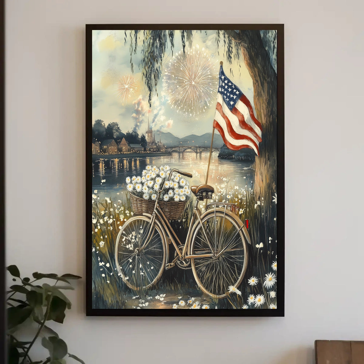 Bicycle With Daisy Basket By Riverside Under Willow Poster