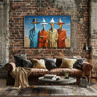 Surreal Characters in Elongated Beak Masks: Artistic Poster