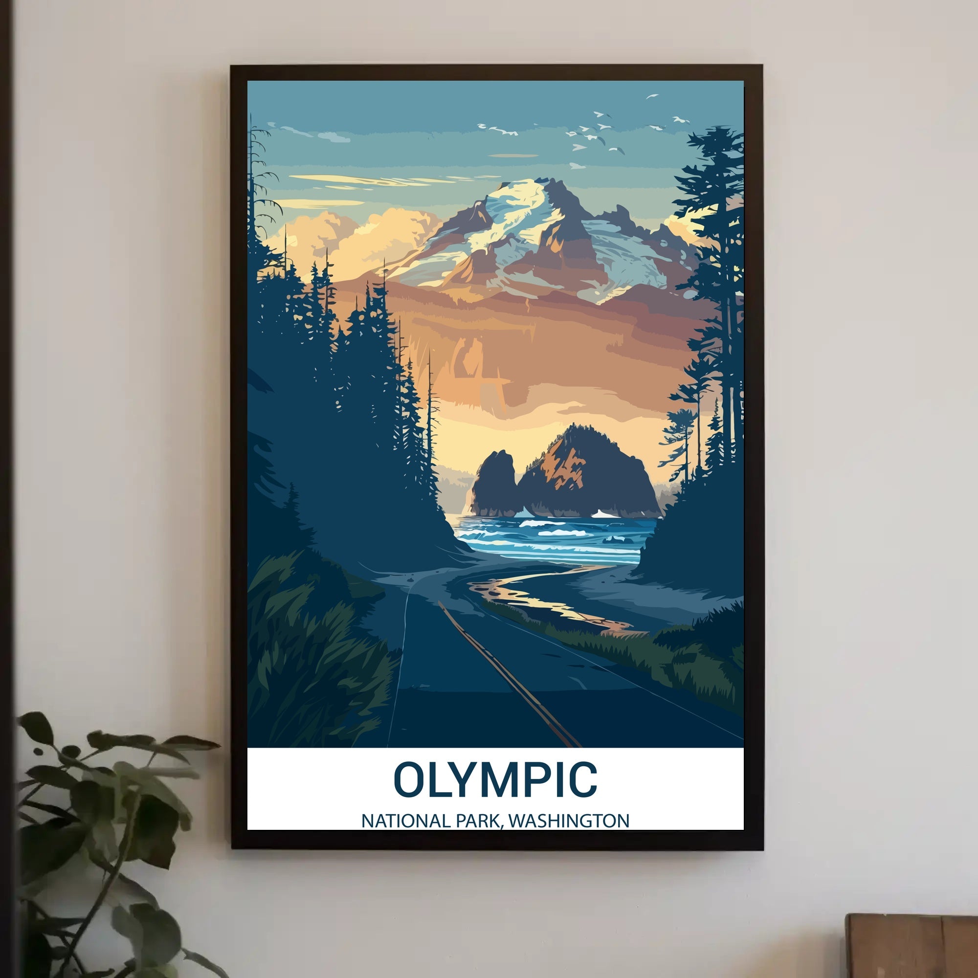 Olympic National Park travel poster with vintage-modern blend