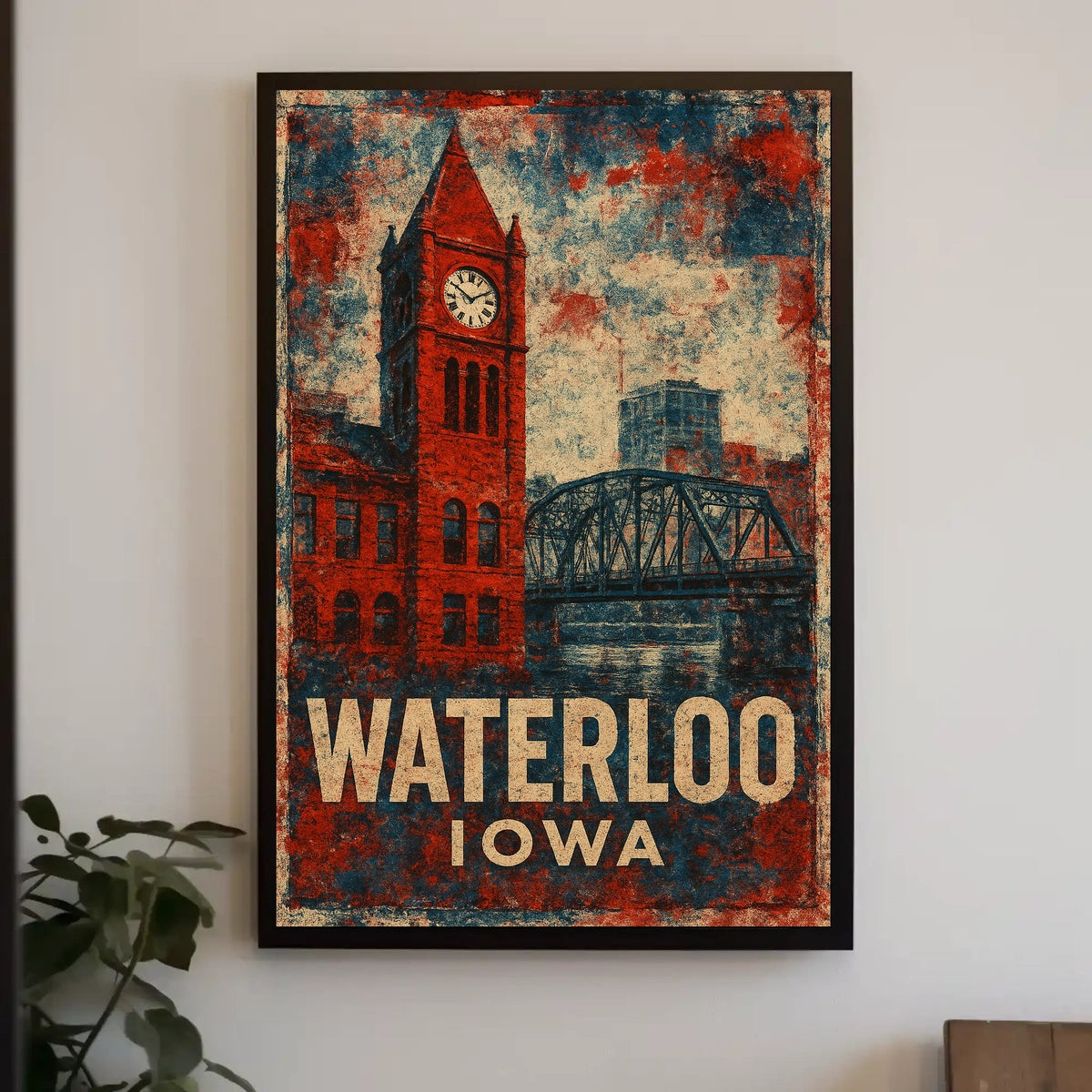 Waterloo Iowa Clock Tower Americana Vintage Poster