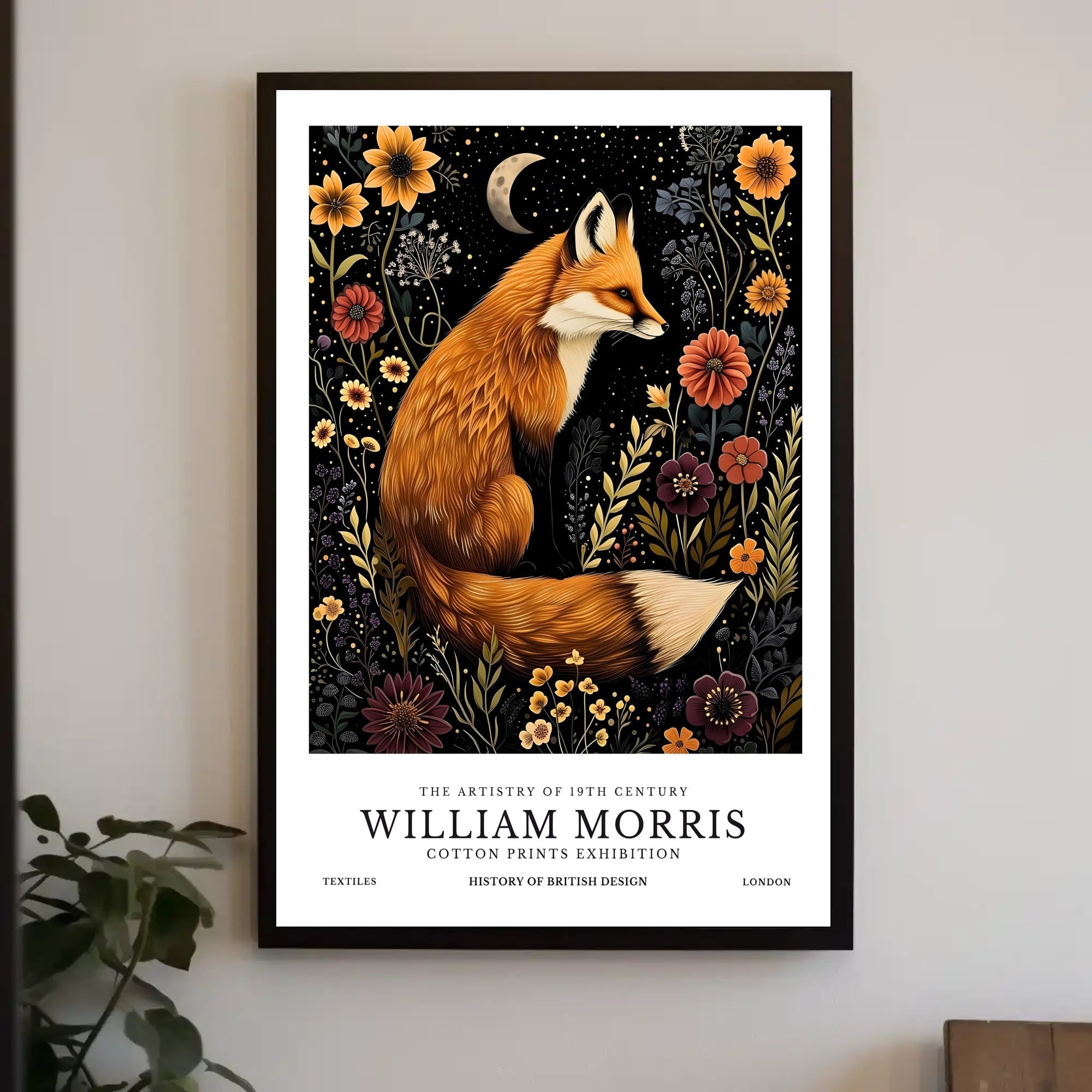 Fox and Floral Elegance Under Moonlit Night: Artistic Poster