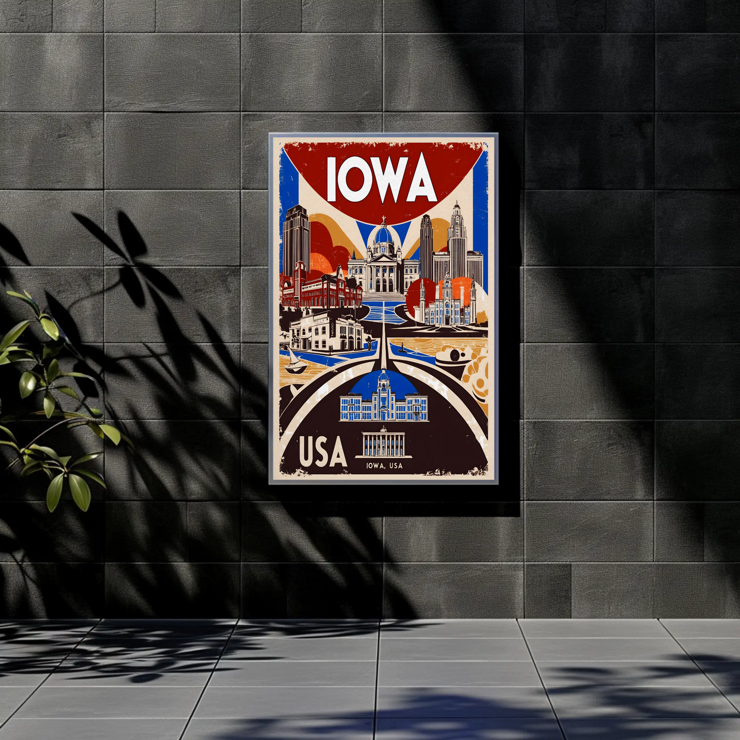 Iowa USA Civic Dome And Skyline Vintage Maroon Travel Poster