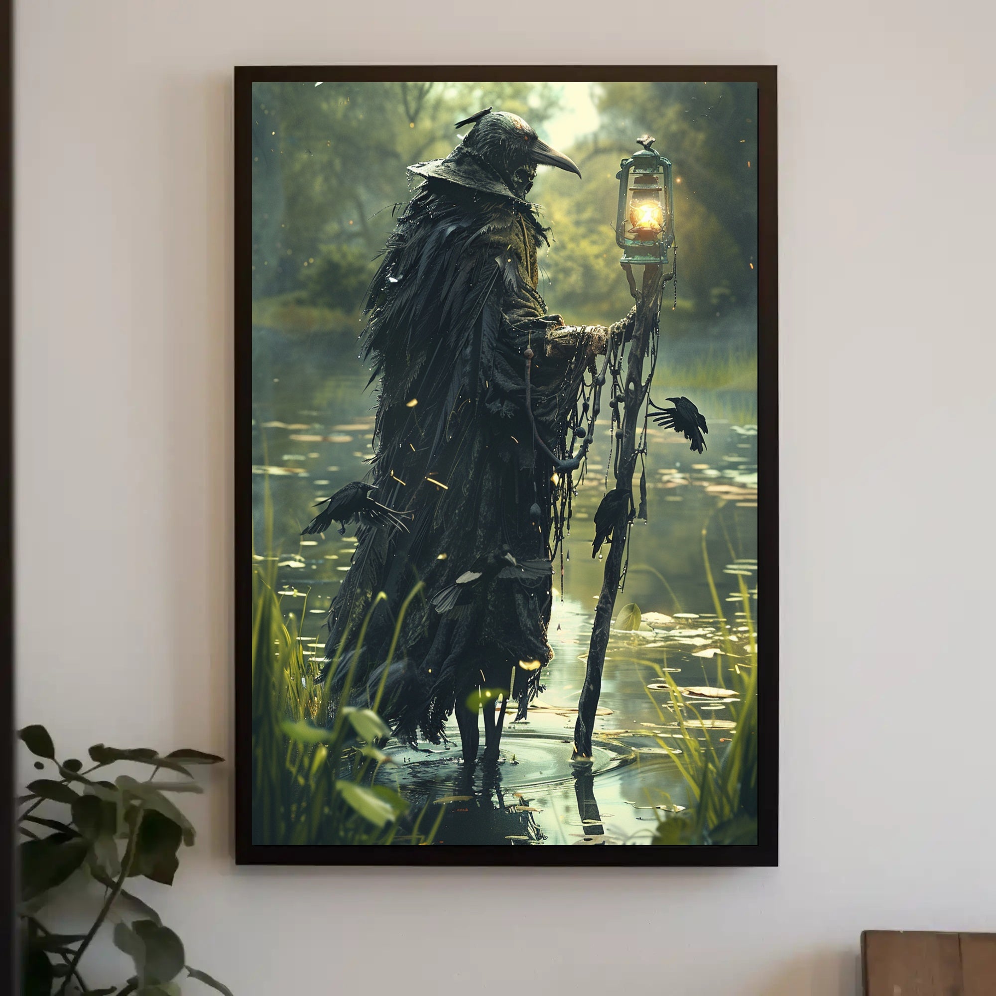 Ethereal Bird Creature in Mysterious Wetland Fantasy Poster PosterGoat