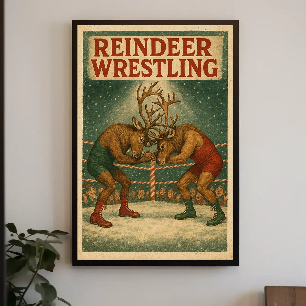 Reindeer Wrestling Holiday Art Print Sports Poster